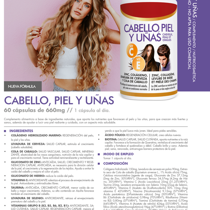 Suplemento Cabello, Piel y Uñas – 60 Cápsulas Fortalecedoras